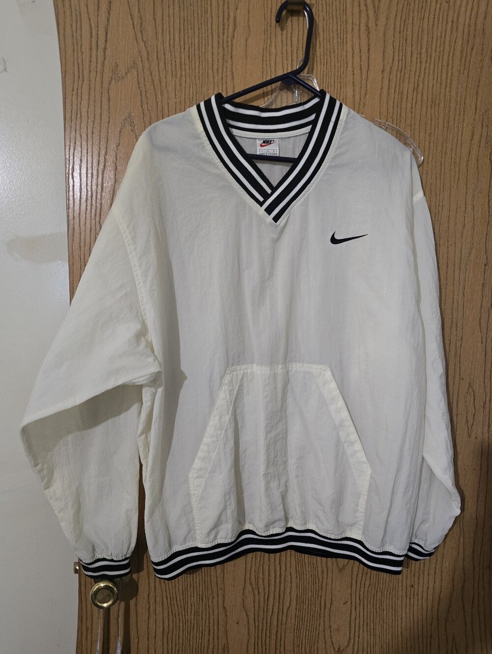 Nike White V-Neck Pullover Jacket with Black Stripe Trim